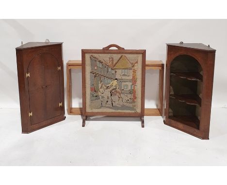 Pine two-tier rack, an oak-framed needlework firescreen, a 19th century wall-hanging corner cupboard, the arched top enclosin