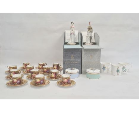 Set of 12 Aynsley fruit painted coffee cans and saucers signed N Brunt, three Royal Worcester mugs 'Monday's Child', 'Friday'