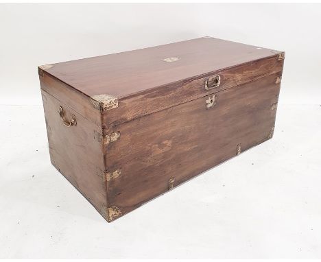 Possibly 19th century mahogany campaign trunk with brass-bound corners, escutcheon and handle, 102cm x 47cm 