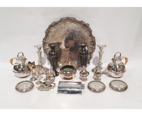 Silver plated candlestick turned table light, a plated salver, candlesticks, teapots and mixed collectable items (2 boxes)