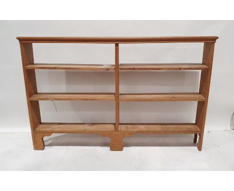20th century oak open bookcase with adjustable shelves, on bracket feet, 161cm x 104.5cm x 21.5cm deep (Made mid 20th century