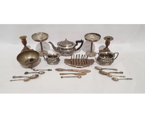 Small quantity of silver plate to include teapot, milk jug, candlestick holder, toastrack, small quantity of flatware (1 box)