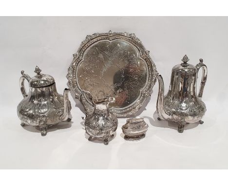 Silver plated three-piece tea and coffee set comprising of teapot, milk jug and coffee pot, a silver plated salver with engra
