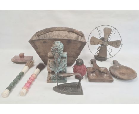 Quantity of collectables to include carved wood wall bracket, old flat iron, brass and metal fan and sundry items in old wood