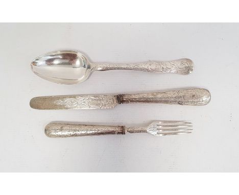 Victorian child's knife, fork and spoon set, engraved detail, initialled, Sheffield 1874, maker Aaron Hadfield, 5 ozt. approx