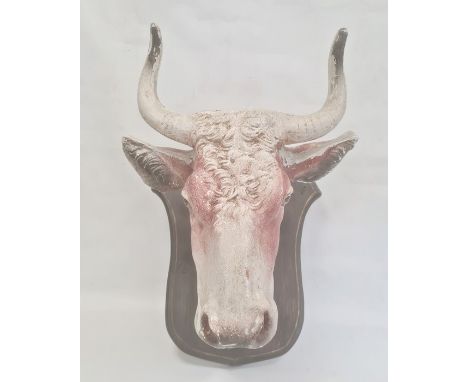 Painted polystyrene&nbsp;model of a cow's head, mounted on painted wood shield, 53cm high overall
