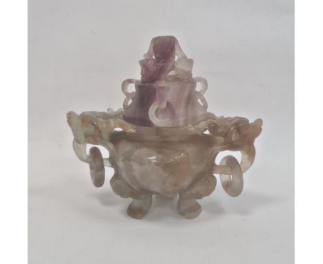 Chinese carved hardstone koro and cover, finely carved with dragon handles and finial, 15cm high