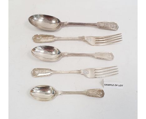 George V silver flatware table service, fiddle, thread and shell pattern, London 1920, viz:- 15 table forks, 15 dessert forks