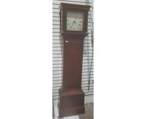 19th century 30-hour longcase clock, the painted 11" square dial decorated with floral spandrels, roman numerals and minute c