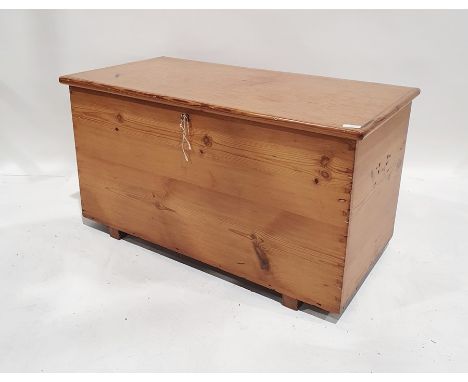 19th century pine trunk, the rectangular top opening to reveal candle box, the whole raised on baton feet, 92.3cm wide x 50.5