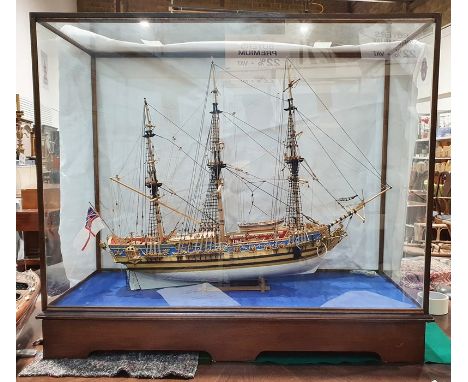 Painted wooden model&nbsp;of The Royal Yacht Caroline 1749, in glazed and stained wood table-top cabinet, 92.5cm wide x 81cm 