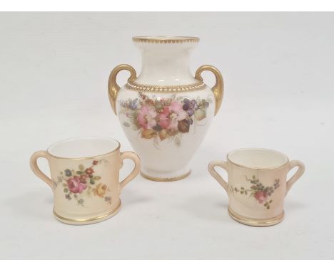 Royal Worcester ivory ground two-handled small vase painted with a bouquet of flowers within gilt and pearl borders, 10cm hig