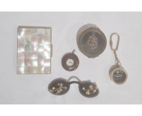 Mixed collectables to include a hardstone compass pendant, another compass, a mother of pearl and gilt metal cigarette case e