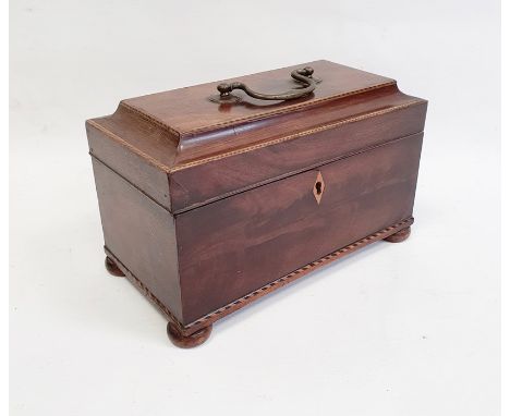 19th century mahogany tea caddy with ebony and boxwood stringing, the whole raised on squat bun feet, 23.5cm x 14cm