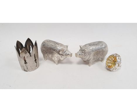 Pair of foreign silver pig pepperettes (stamped 800), a statement ring set with a mixed cut oval yellow stone in a pierced si