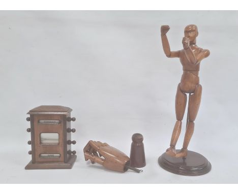 Wooden artist's lay model on circular stand, 40cm high overall, wooden artist's model of jointed hand and an old&nbsp;wooden 