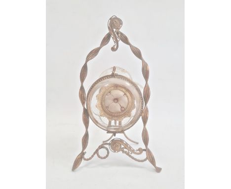 Probably French, gilt metal and&nbsp;painted&nbsp;glass lobed barrel shaped display stand, possibly for a portrait miniature,