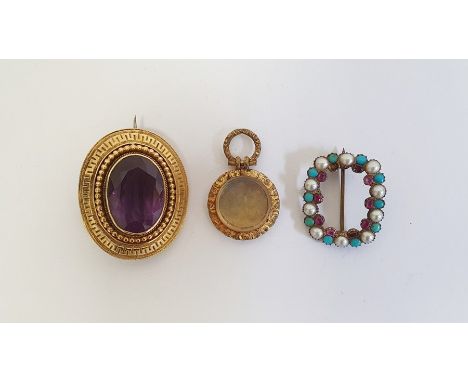 Victorian gold-coloured brooch, set with a mixed cut oval amethyst within a bead and greek key border, 4cm long, an early Vic