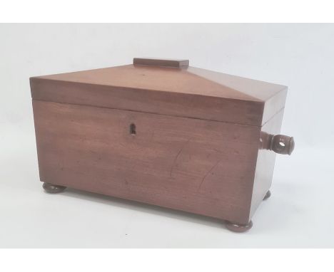 19th century mahogany sarcophagus-shaped tea caddy on squat bun feet, 21cm x 24cm