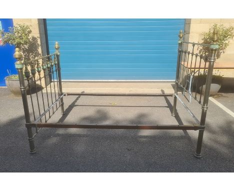 Double bed frame, tubular brass, steel and ceramic decoration, approx 54" wideCondition ReportPossibly early twentieth centur