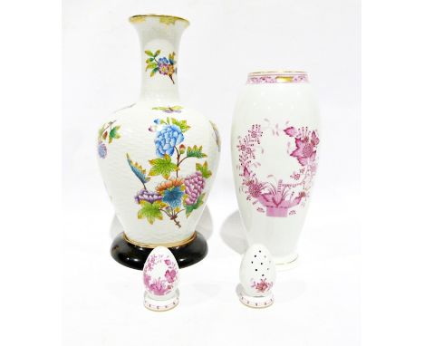 Herend porcelain vase with shouldered ovoid body and tall neck, the white basket-weave ground scattered with polychrome flowe