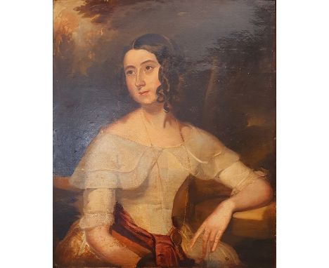 British school (19th century)Oil on canvasHalf-length portrait of a seated lady with red sash, 75cm x 62cm