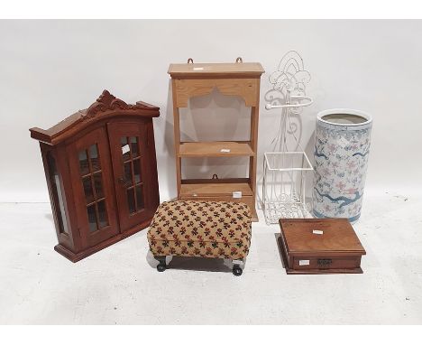 Small quantity of items to include ceramic pot, white metal stand, pine rack, wall-hanging two-door cupboard, small stool and