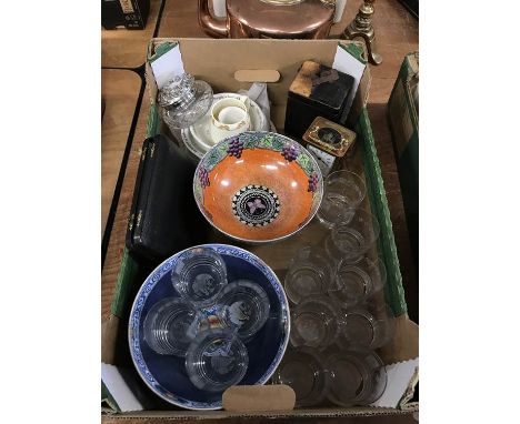A carriage clock, silver top powder pot etc.