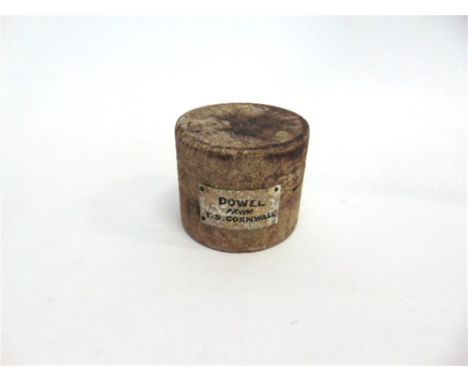 19TH CENTURY - TRAINING SHIP CORNWALL - A CIRCULAR PIECE OF WOOD  with applied tin label, inscribed in ink 'Dowell from T.S. 