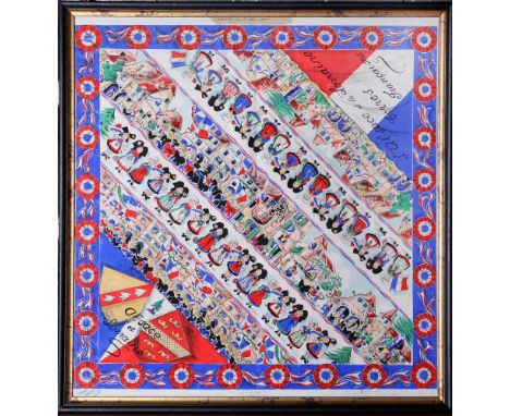 SECOND WORLD WAR - A RARE LARGE SCARF DESIGN POSTER '5TH OF MARCH 1945', FOR ALSACE LORRAINE  depicting crowded townscapes an