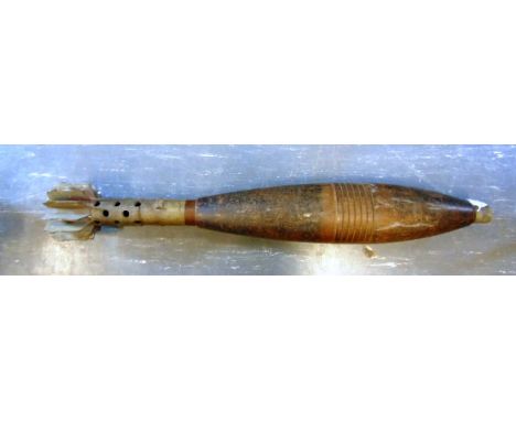 SECOND WORLD WAR - A LARGE BRITISH INERT NAVETTE SHAPED IRON PROJECTILE  with cut ridges to body and multi-finned tail the sh