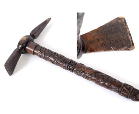 GREAT WAR - 365 FELDPOST - 42 REGIMENT - A FINELY DECORATED GERMAN WALKING CANE  in the form of an Alpine Axe profusely carve