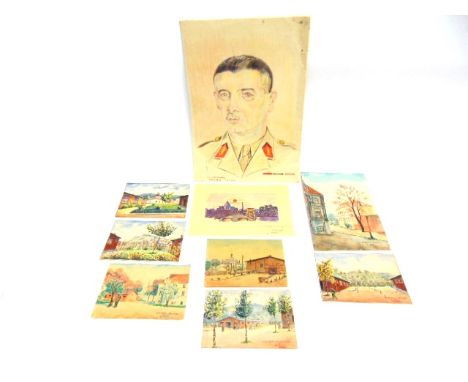 SECOND WORLD WAR - OFLAG IIB - A COLLECTION OF EIGHT FRENCH PRISONER OF WAR WATERCOLOURS  each small studies of the camp, inc