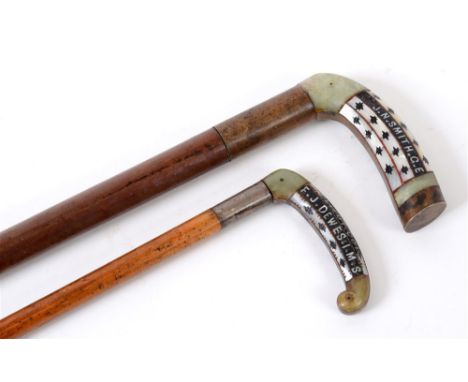 GREAT WAR - A DAMASCUS INLAID CANE  the grip typically inlaid with brass banded mother-of-pearl and jade decoration, inscribe