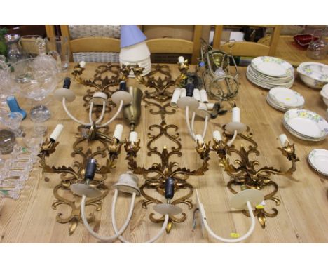 Five Italian gilt metal twin branch light fittings together with a quantity of various other light fittings