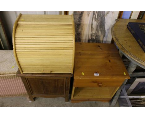 A pine bedside table fitted single drawer; an oak commode; and a bread bin 