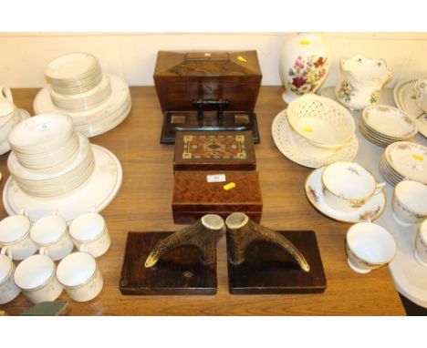 A Victorian rosewood tea caddy; a desk stand; two trinket boxes and a pair of antler bookends