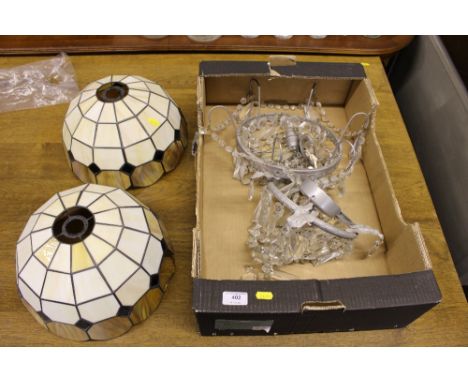 Two metal and glass light fittings hung with prism glass drops; and two Tiffany style light shades