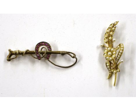 A yellow metal equestrian bar brooch; together with a yellow metal pearl set brooch