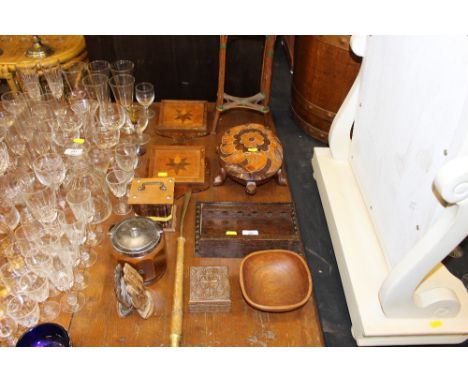 A quantity of various wooden ware to include a pipe rack; a letter rack; a tea caddy etc.