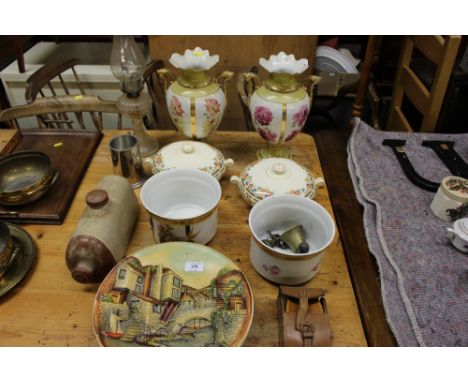 A pair of rose decorated twin handled vases; a glass oil lamp; a pewter tankard; a stoneware hot water bottle; a pair of wall