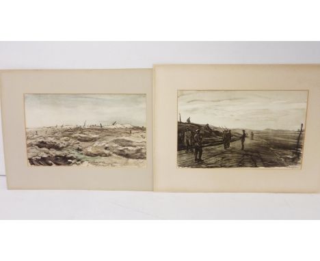 After Muirhead Bone, two lithograph prints of WWI battle fronts "Via Dolorosa Mouquet Farm" and "Night Picket" both 27cm x 43