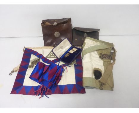 Masonic items belonging to Bro Chas A Todd, Hedworth Lodge no 2418 - including blue apron, red apron, and sash, two leather c