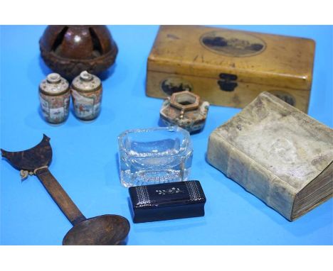 Job lot to include a carved brazil nut mauchline box, snuff box, and contents etc.