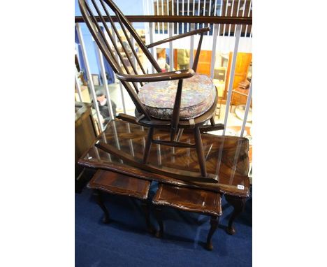 Ercol rocking chair and reproduction mahogany nest of 3 tables.