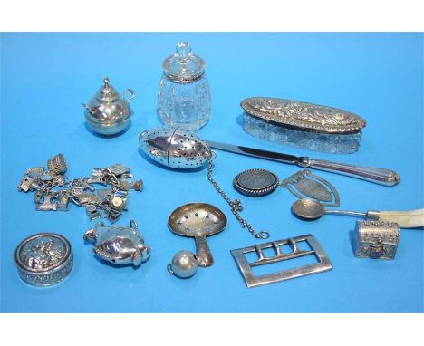 Collection of silver and other items, caddy spoon, chains etc.