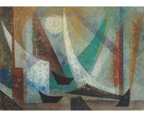 Imkamp, WilhelmMünster, 1906 - Stuttgart, 199029 x 39 cm, R.Weiße Segel, 1952. Öl auf Karton. In Tusche unten rechts signiert
