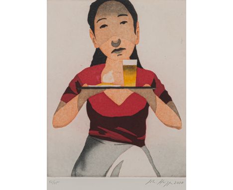 Hüppi, JohannesBaden-Baden, geboren 1965Blattgröße: 50 x 40 cm; 24,5 x 19 cm, R.Kellnerin, 2000. Farbradierung auf Bütten. In