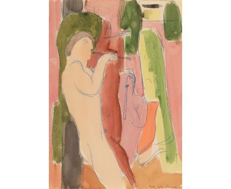 Wörn, WalterStuttgart, 1901 - 196329,5 x 21 cm, o. R.Flötenspieler. Aquarell über Kugelschreiber auf Papier. In Bleistift unt