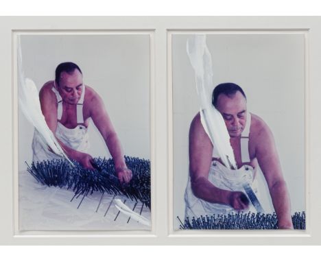 Uecker, GüntherWendorf/Mecklenburg, 193037 x 44 cm, R.Selbstbildnis, 1999. Zwei mit Acryl überarbeitete Farbfotografien auf F